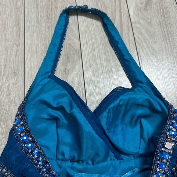 Adrianna Papell Blue Halter Dress with Beaded Details for Prom or Formal - Picture 14 of 16